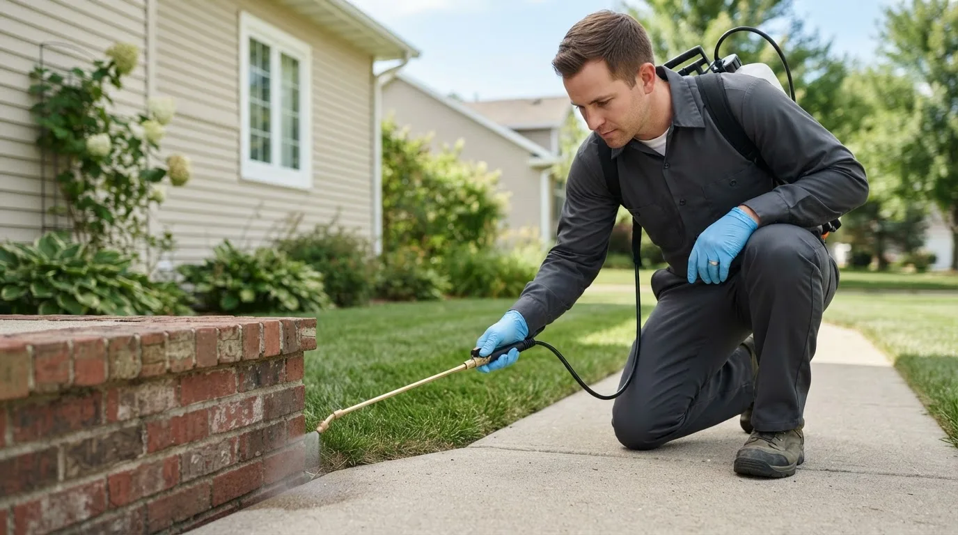 Pest control technician treating a home near West Fork, AR